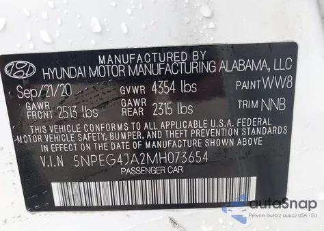 2021 Hyundai Sonata Se z USA, uszkodzony, nr VIN 5NPEG4JA2MH073654